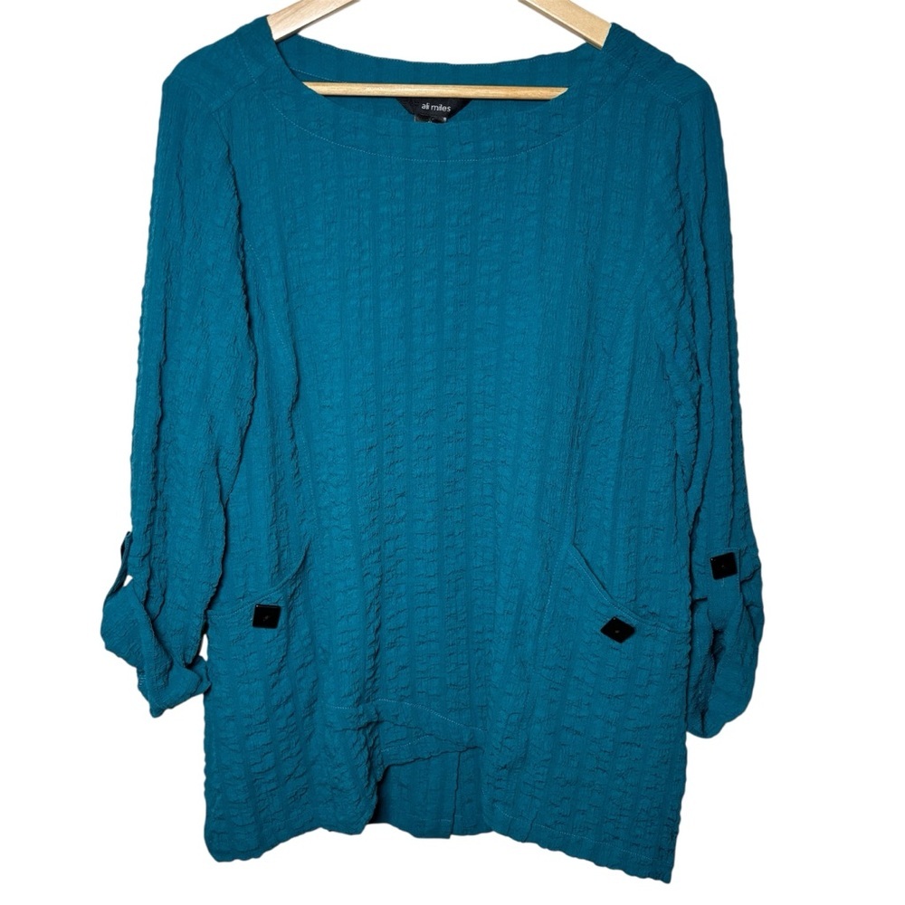 Ali Miles Top Tunic Women Medium Textured Woven Turquoise Lagom Lagenlook Pocket